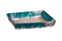 Corbeille Calgary carton décoré vert/blanc festif 27x20x5cm, livrée à plat.