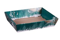 Corbeille Calgary carton décoré vert/blanc festif 37x28x8cm, livrée à plat.