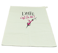 Swan tea towel ecru cotton decorated black/cassis 65x45cm - L'Apéro c'est la vie