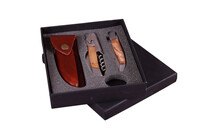 Gift boxed knife with engraved blade and corkscrew with natural wood handle
