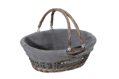 Product image Maria wicker/peeled wood grey ceruse grey fabric oval basket 43x34x16cm