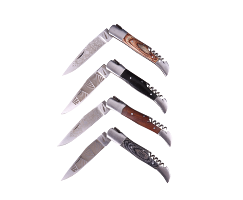 Product image Vivarais corkscrew knife engraved blade/wooden handle 4 assorted colours box