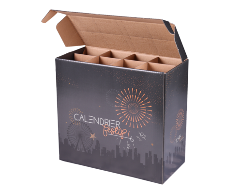 Product image Caisse Calendrier Festif Céleste carton décoré 8 cases 75cl 38x18x36cm