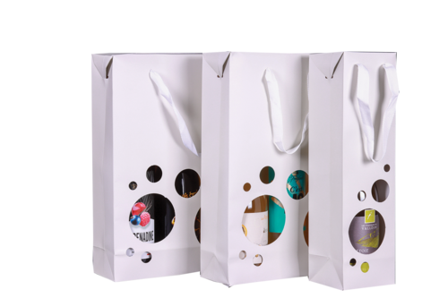 Product image Boxbag paper coated pearl 2 bottles window, 250gr, ribbon handles