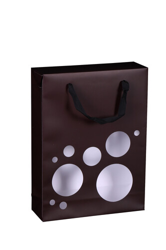 Product image Boxbag coated paper garnet 3 bottles window, 250gr, ribbon handles