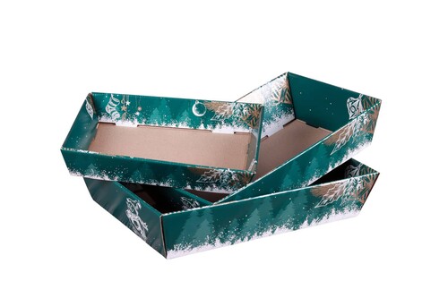 Image du produit Corbeille Calgary carton décoré vert/blanc festif 34x21x8cm, livrée à plat.
