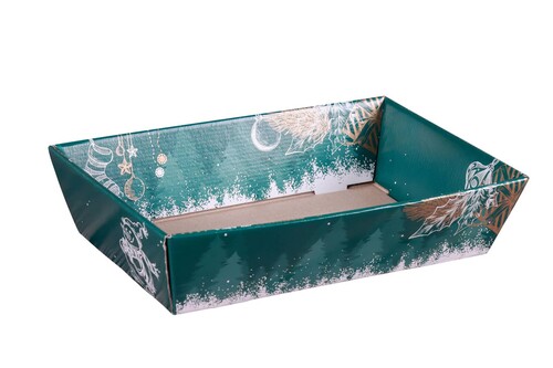 Image du produit Corbeille Calgary carton décoré vert/blanc festif 34x21x8cm, livrée à plat.