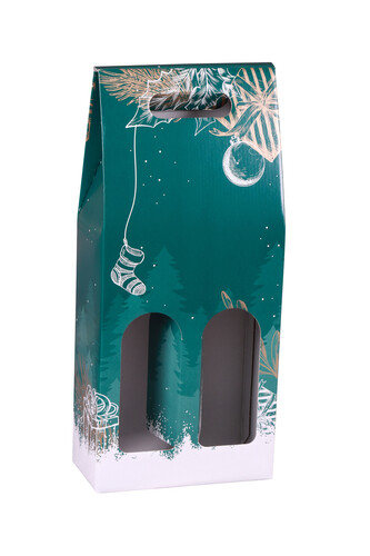 Image du produit Valisette Calgary carton décoré vert/blanc festif 2 bouteilles - FSC®7