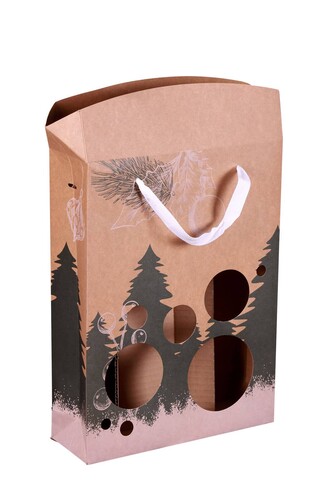 Image du produit Sac Boxbag Calgary papier kraft vert/blanc festif 3 bouteilles fenêtre