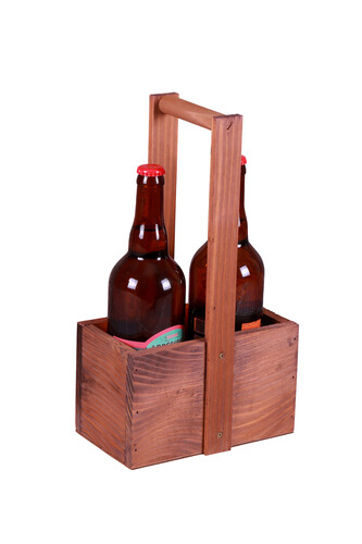 Image du produit Panier Bruno bois de sapin teinté noyer 2 bouteilles, anse bois fixe, 18x9xh12/33cm.