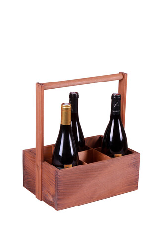 Image du produit Panier Bruno bois de sapin teinté noyer 6 bouteilles, anse bois fixe 27x9xh12/33cm.