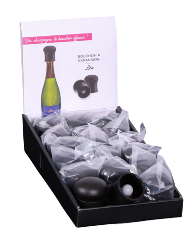 Image du produit Bouchon Leo à expansion PVC noir (pour vin et champagne), livré en présentoir de